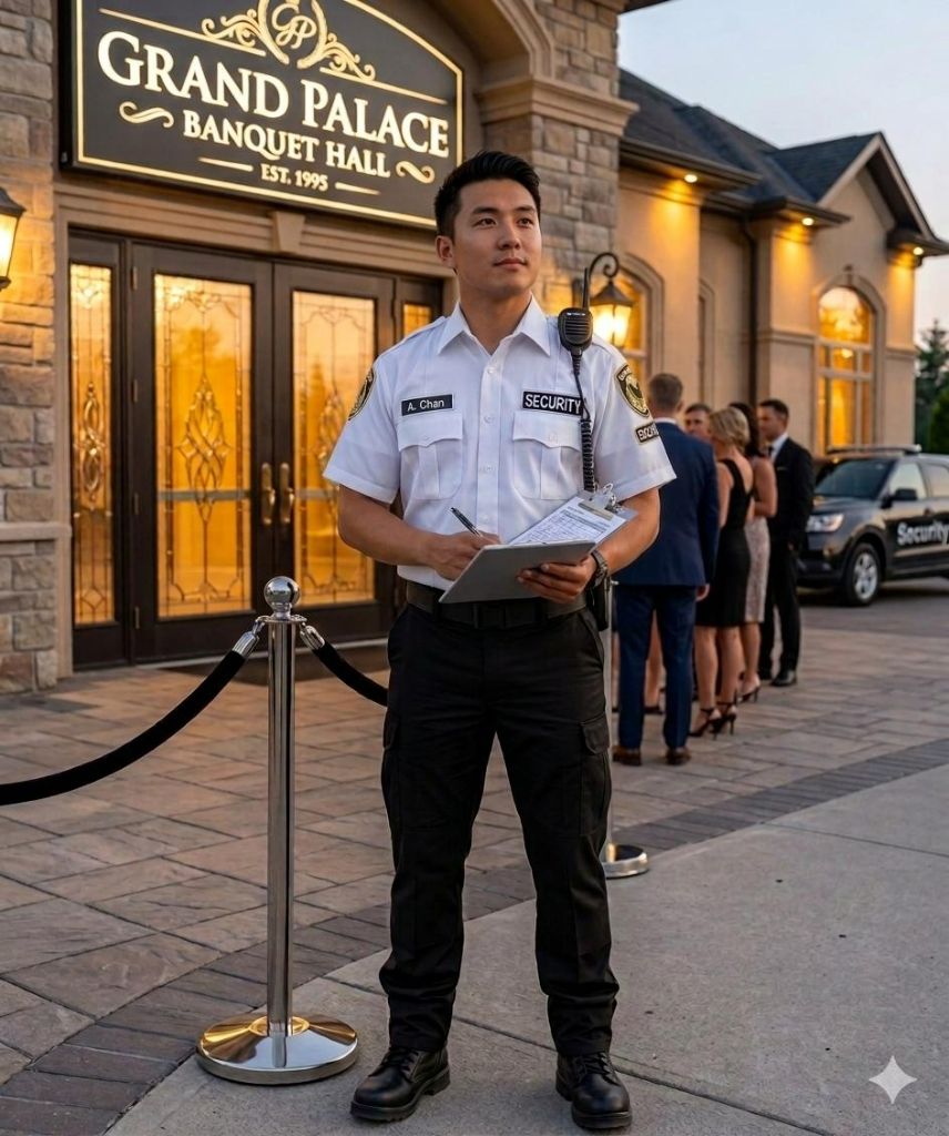 Security officer at banquet venue entrance